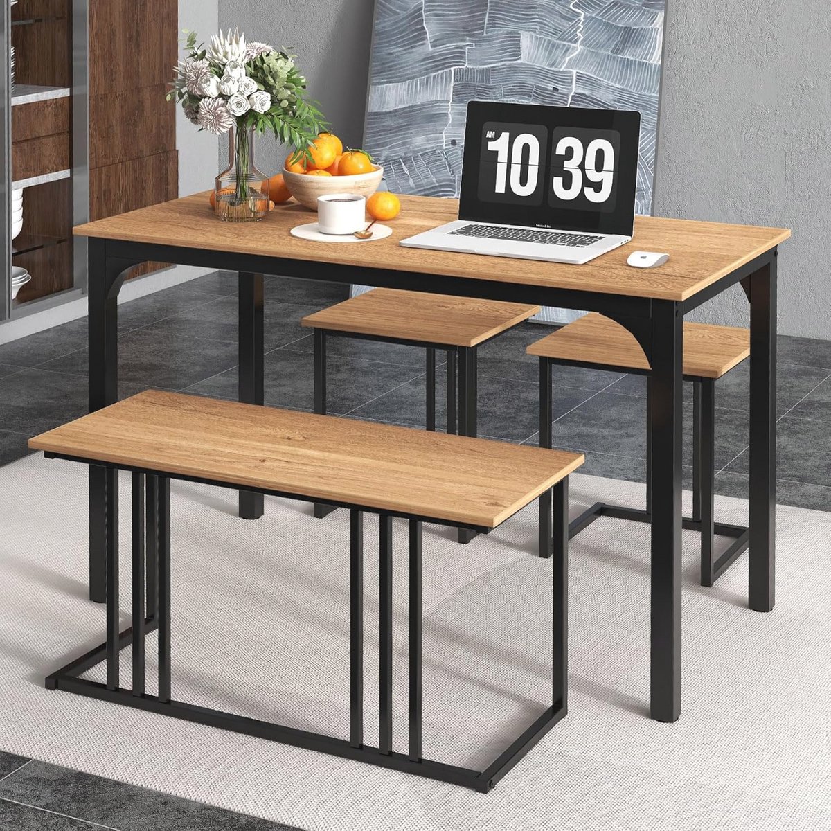 Vintage Eettafel Set met Bank en Krukken voor 4 Personen - Industrieel Design