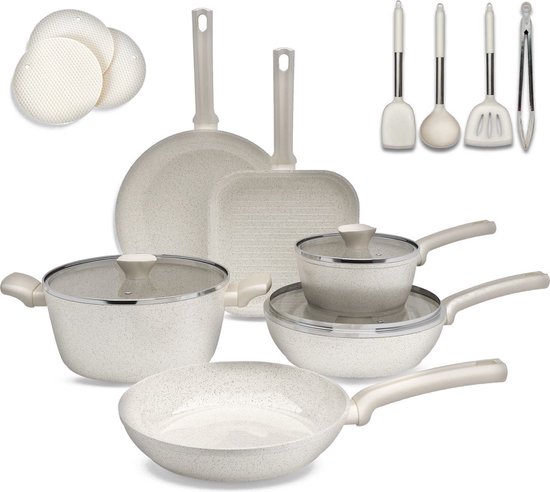 Lugia 16 Delige Pannenset - Pannen - 3 Laagse Keramische Coating - Anti-Aanbaklaag - Pannen Zonder PFOA - PFAS - Eco Friendly - Beige pannenset