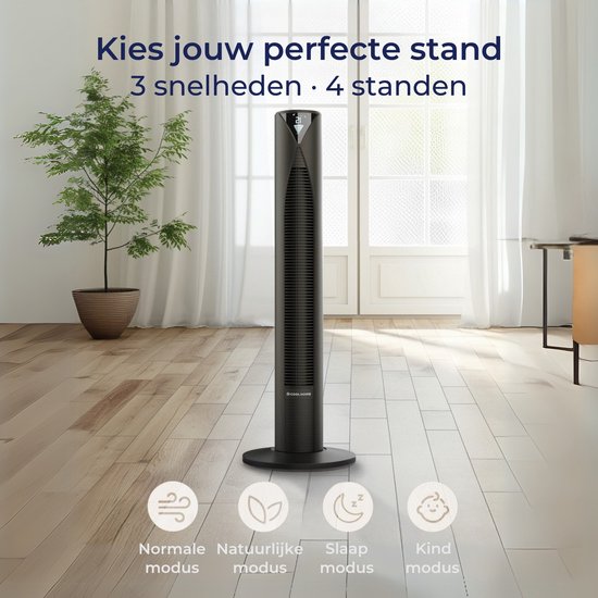 Zwarte CoolHome torenventilator in een lichte kamer, met iconen voor normale, natuurlijke, slaap- en kindermodus.