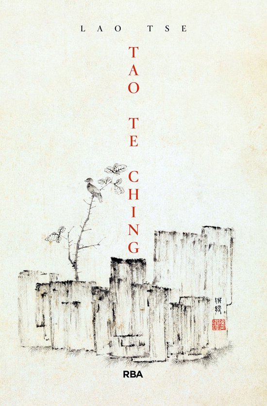 Boekomslag "Tao Te Ching" met Aziatische inkttekening van een vogel, vlinders en gebouwen.