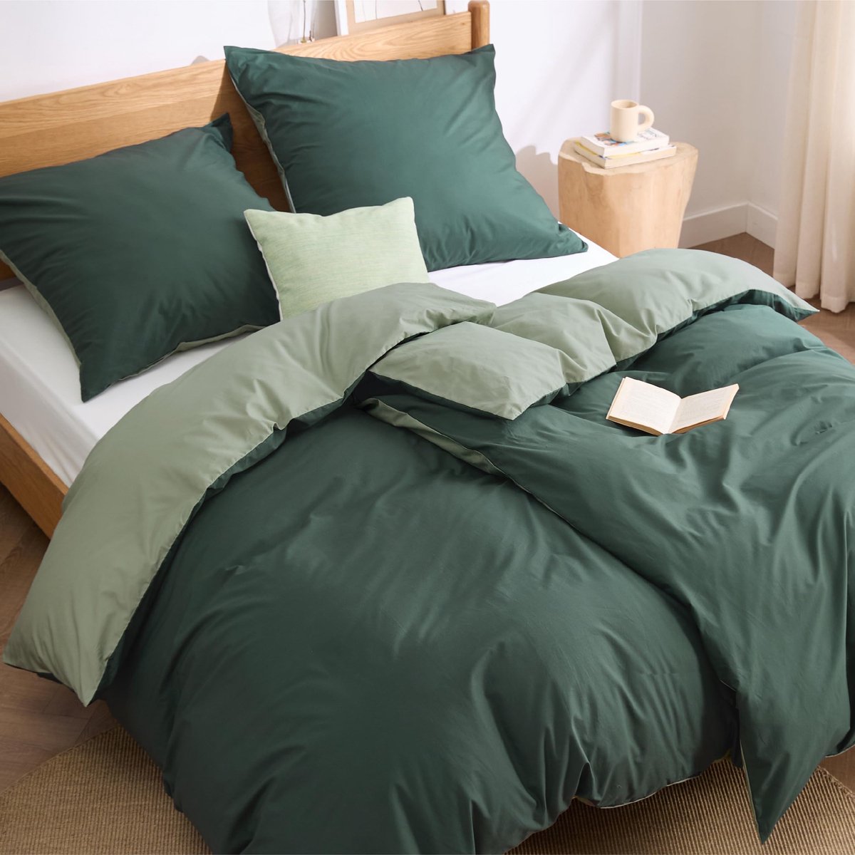 Ibenzoa® Uitgebreide Set van Katoenen Beddengoed – 135x200 cm, 4-Delig, Saliegroen & Donkergroen