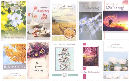Collage van 10 ansichtkaarten met bloemen en landschappen. Teksten: Met Oprechte Deelname, Veel sterkte in deze moeilijke tijd.
