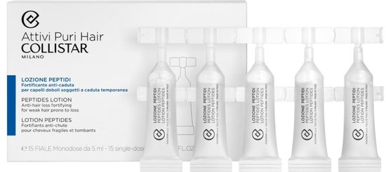 Een doosje met de tekst "Attivi Puri Hair COLLISTAR" en vijf doorzichtige ampullen, productinformatie op het doosje.