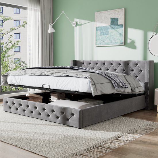 Boxspring met opbergruimte Liv geblokt - antraciet - 120x200 cm | Leen