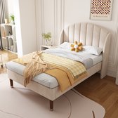Lit capitonné 90 x 200 cm avec sommier à lattes et tête de lit - Jugendbed - Lit simple - Beige