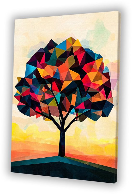 Art géométrique coloré de l'arbre - Décoration murale d'arbre - Art mural nature - Cubisme - Objet d'art - Art sur toile - Toile 80x120 cm
