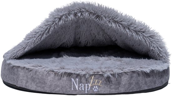 Grijze Cuddle Cave dierenmand met pluizige binnenkant en 'NapZZZ' logo.