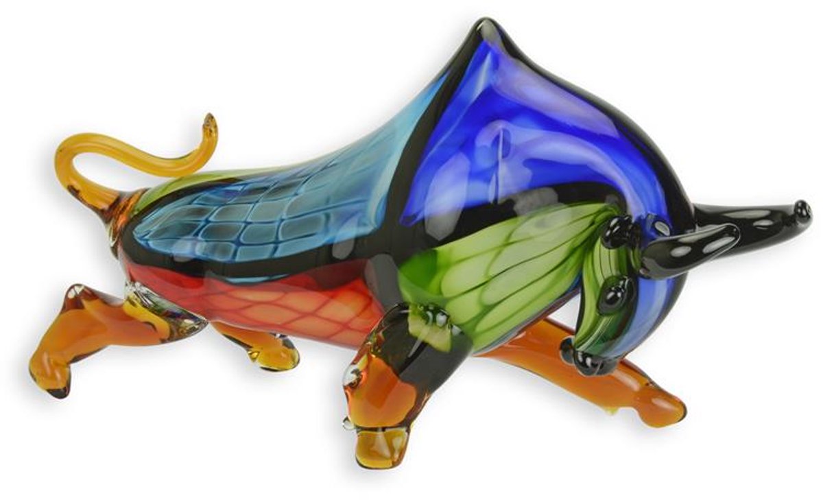 Glazen beeld stier Murano stijl – decoratief figuur van mondgeblazen glas – krachtig stierbeeld voor woon- en kantoorinrichting – uniek cadeau voor liefhebbers van art glass