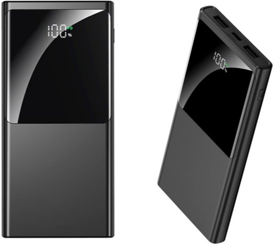 Zwarte powerbank met glanzend zwart display dat 100% aangeeft.