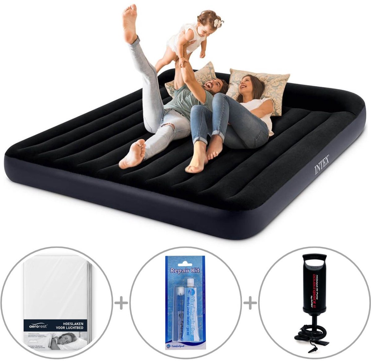 Intex Pillow Rest luchtbed kingsize | Tweepersoons | 203 x 183 x 25 cm | Inclusief handpomp + bijpassend hoeslaken + reparatiekit