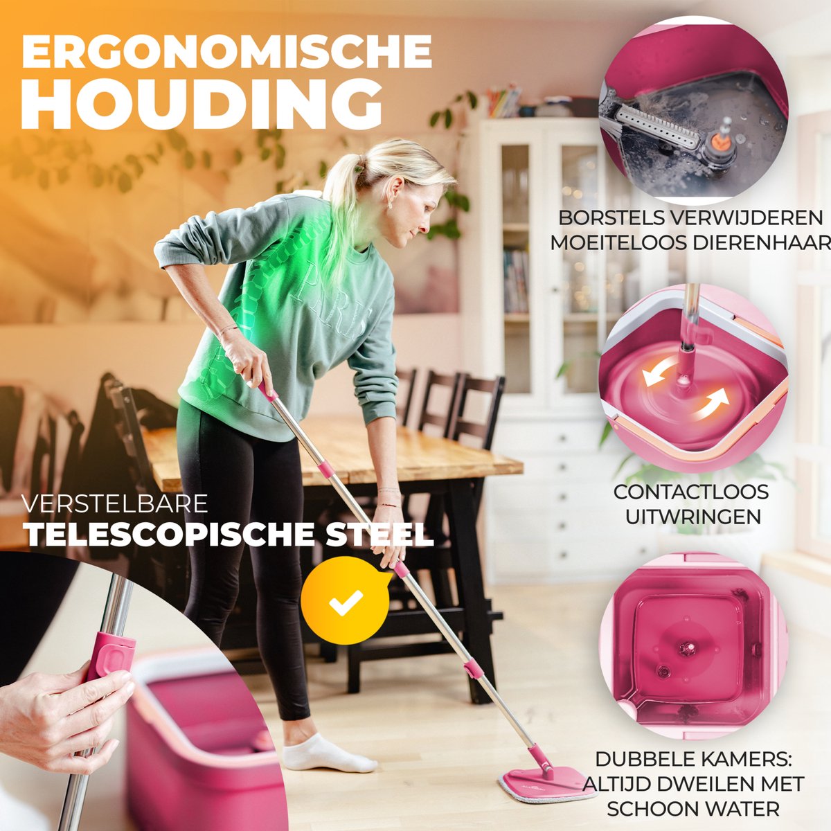 Alanberg® Spinmop Dweilsysteem met Emmer en Wringer – Complete Set incl. Emmer, Steel en 2 Microvezeldoeken – Zelfreinigende Mop voor alle vloertypen – Nat & Droog Gebruik, Roze thumbnail 4