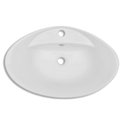 Lavabo ovale en céramique blanc avec trou pour robinet et trop-plein.