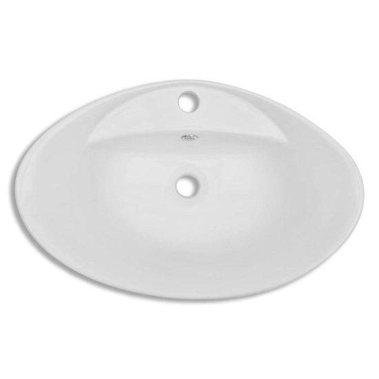 Lavabo ovale en céramique blanc avec trou pour robinet et trop-plein.