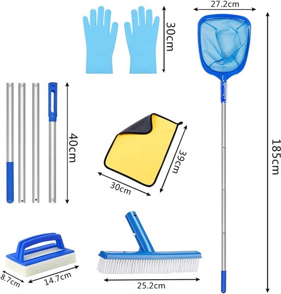 Ultiluxe® Zwembadschepnet met stang - Blauw - Complete set voor zwembad accessoires - 185 cm lang - Handborstel, grote borstelkop, schepnet, steel, handschoenen, doek - Reiniging en onderhoud - Borstelset - Reinigingsset — afbeelding 2
