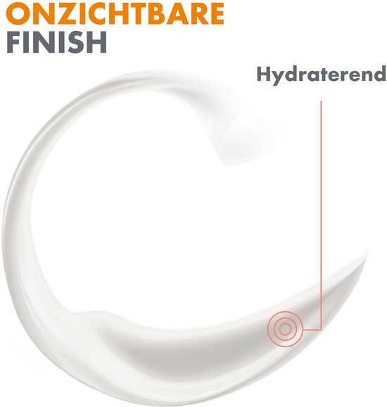Kleurstaal van de crème met de tekst 'ONZICHTBARE FINISH' en 'Hydraterend'.