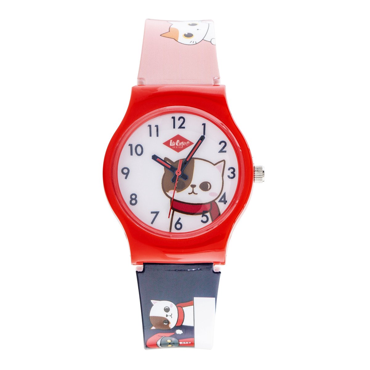 Lee Cooper-model lc.k.1.839-kinderhorloge-unisex-3 atm waterdicht-roze-wit-rood-zwart-afbeelding katten-diameter 32 mm