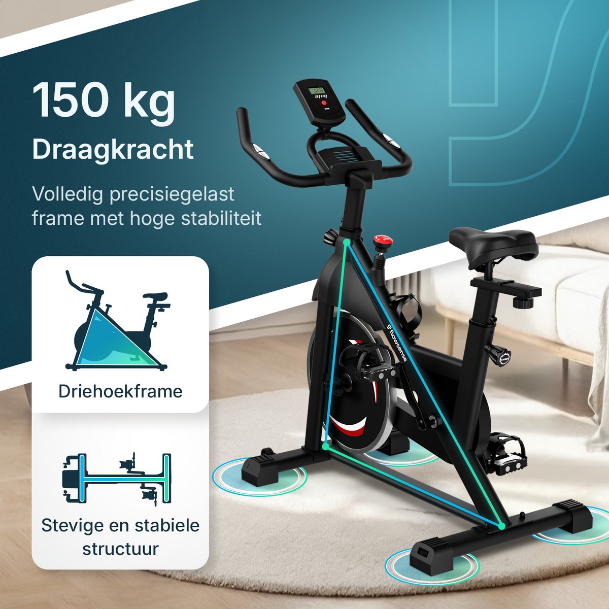 Afbeelding 3 van Flowsense Hometrainer Velair One - Fitness Fiets - Home Trainer met Magnetische Weerstand - Hometrainers Spinningfiets - 3KG Vliegwiel - Incl. Tablethouder