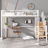 Hoogslaper, metalen bedframe, ijzeren bed met bureau, zonder matras, hoogslaper met vier kleine planken en een groot boekenrek voor kinderen, jongeren en volwassenen, 140 x 200 cm, wit