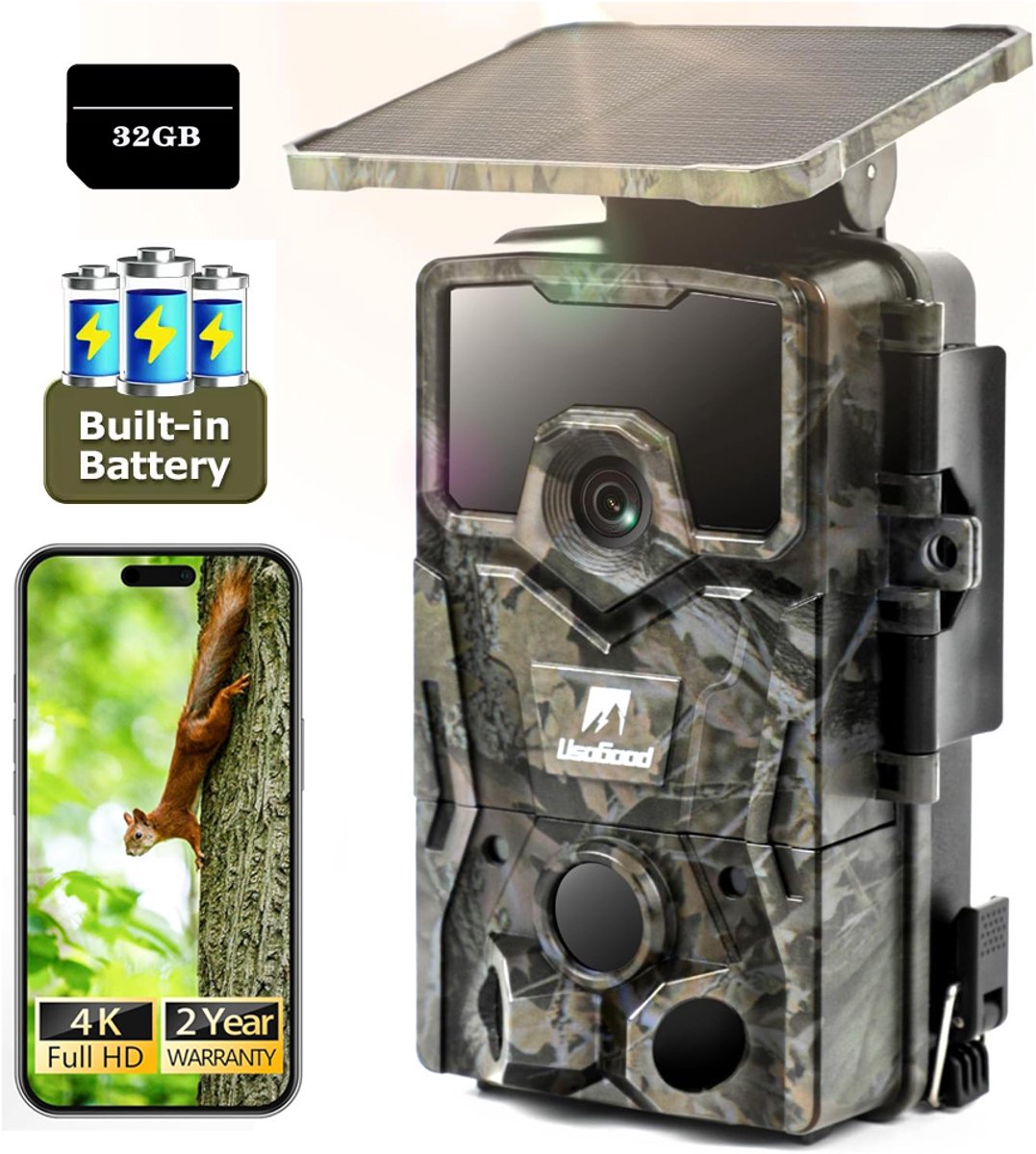 Usogood Wildcamera op zonne-energie - 4K Ultra HD 48MP - Nachtzicht - Bewegingsgeactiveerd - met 32GB Geheugenkaart