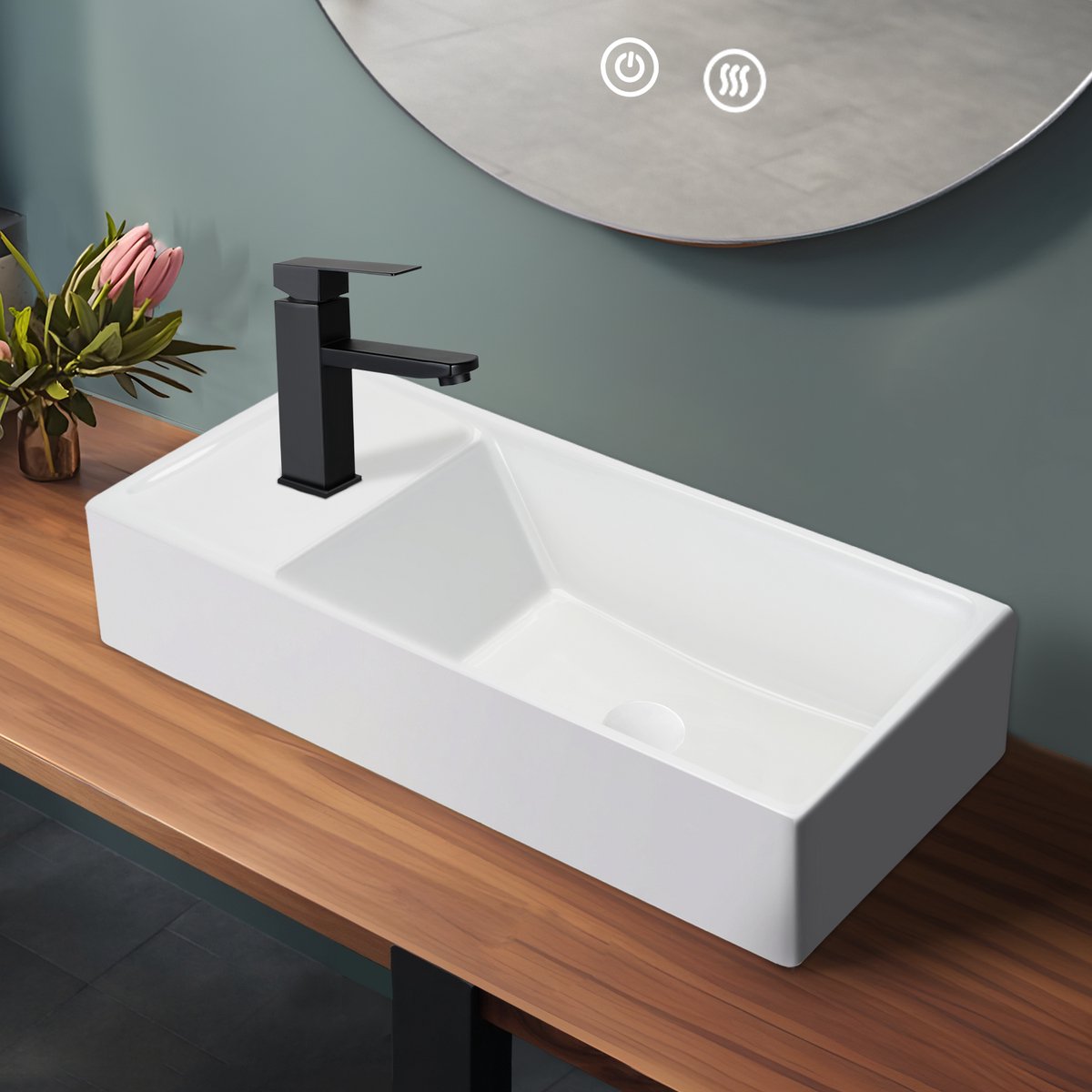 NETTLIFE Wastafel - rechthoekig - 40 × 22 × 10cm - links - Keramiek - Wit wastafel - wasbak voor badkamer en toilet - Badkamerwastafel - Muurbevestiging - voor gastentoilet-Zonder kraan