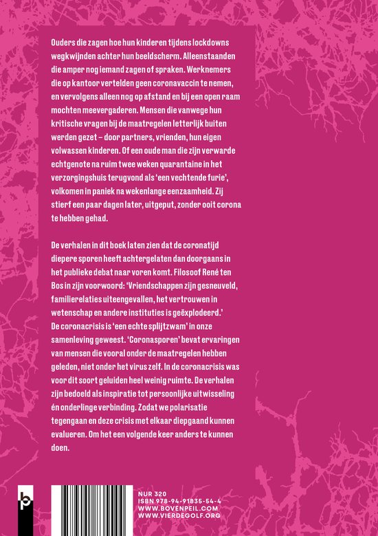 Boekomslag met tekst over de coronapandemie. Grijze tekst op een roze achtergrond met takjespatroon.