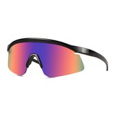 Zonnebril - Fiets - Sport - Festival bril - Rave - Voor heren en dames - Semi randloos montuur - Glanzend - Zwart - Multicolor spiegelglas