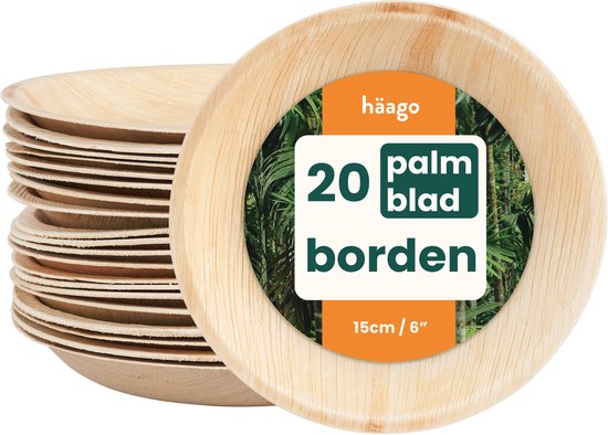 HAAGO 20 Assiettes en feuille de palmier (⌀ 15 cm, rondes) Assiettes biodégradables - Vaisselle de pique-nique et d'extérieur respectueuse de l'environnement - Passe au micro-ondes