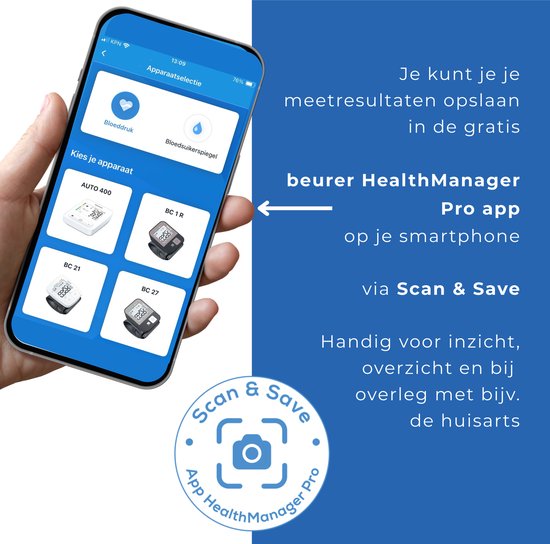 Hand die smartphone vasthoudt met Beurer HealthManager Pro app. Toont menu "Apparaatselectie" met foto's van bloeddrukmeters.