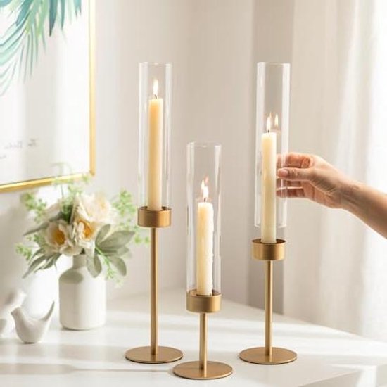 Romadedi Kaarsenhouder staafkaars met glazen cilinder voor tafel: kandelaar glas hoge bodem staafkaarsenhouder metaal voor Kerstmis tafel bruiloft eettafel home party decoratie, set van 3