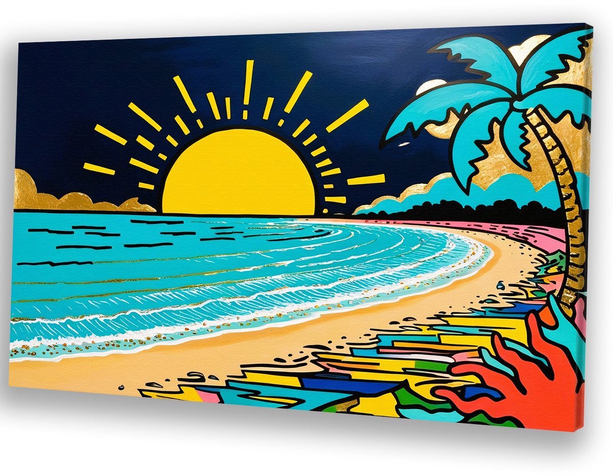 Kleurrijk strand met zonsondergang - Strand canvaskunst - Schilderijen zon - Pop Art - Decoratie voor thuis - Decoratie slaapkamer - canvas 60x40 cm