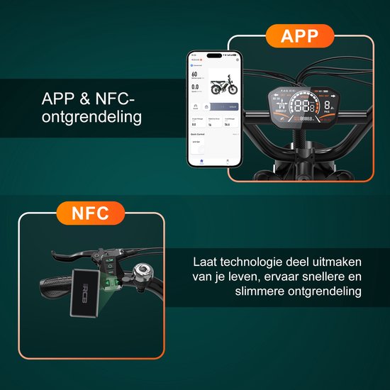 RCB Elektrische fatbike - 48V 20.8Ah Mountainbike - Actieradius 100km - 25km/u - 250W motor - 7 versnellingen - met App en NFC -donkergroen van RCB — afbeelding 3
