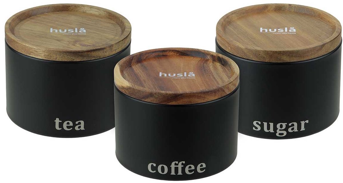 Husla Serie - Keuken Bewaarbakken Set - Zwart - Stapelbaar - Staal en Acaciahout