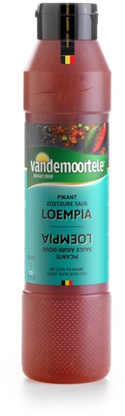 Fles Vandemoortele Pikante Zoetzure Loempia Saus, met rode pepers op het etiket.