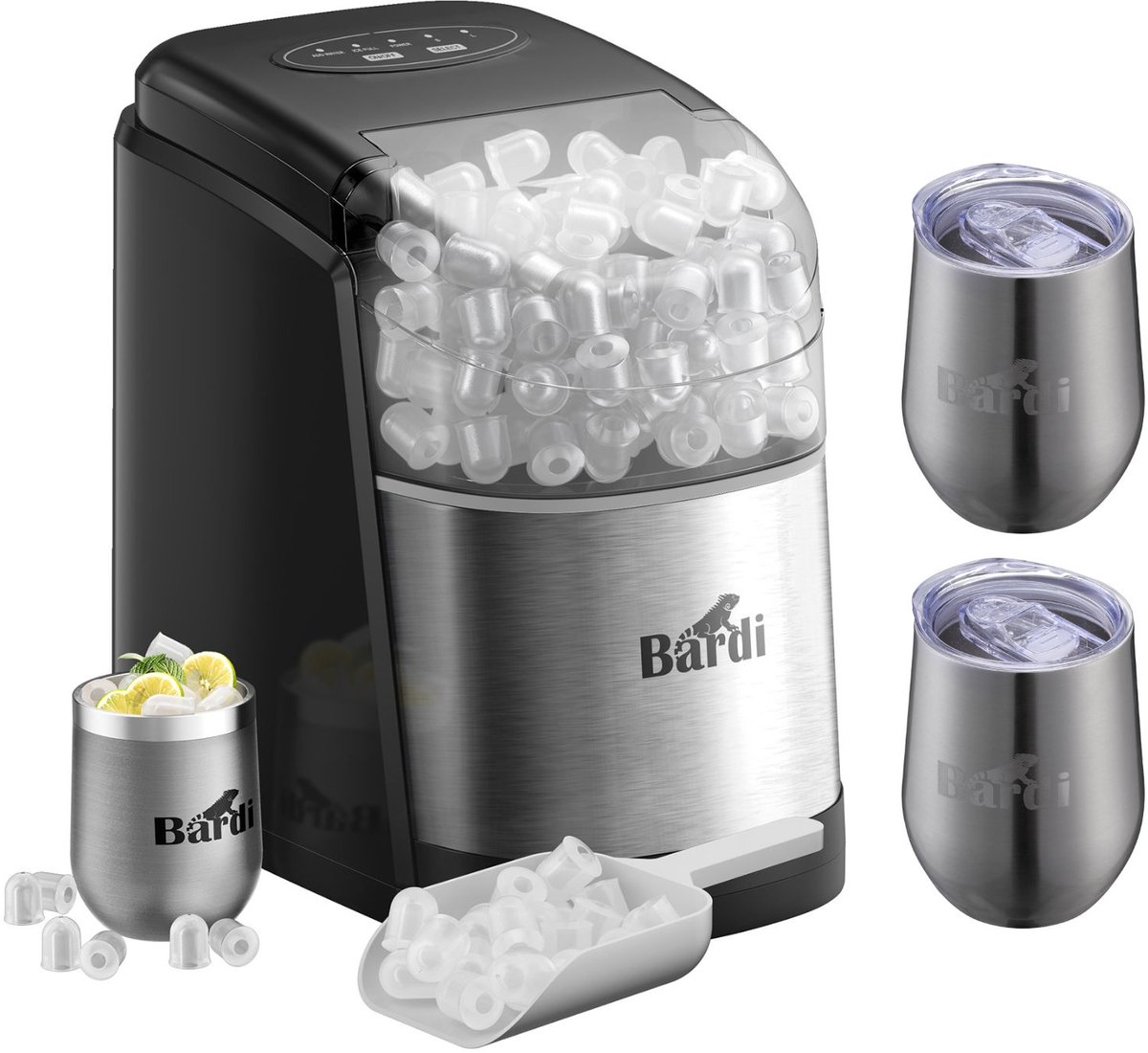 Luxe volledige set met 3 Bardi RVS dubbelwandige thermosbekers - koffiebekers - Bardi Deluxe IJsblokjesmachine 1.6L – IJsblokmaker Inclusief Luxe Thermosbeker en IJsschep – 9 Blokjes in 8 Minuten – RVS
