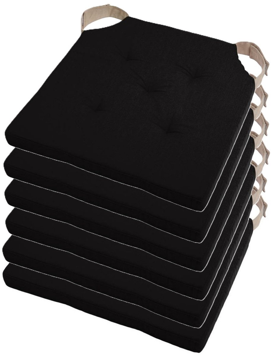 Stof Textile stoelkussen DUO - 6x - zwart - 38 x 38 x 4 cm - klittenband sluiting - zitkussens - binnen/buiten