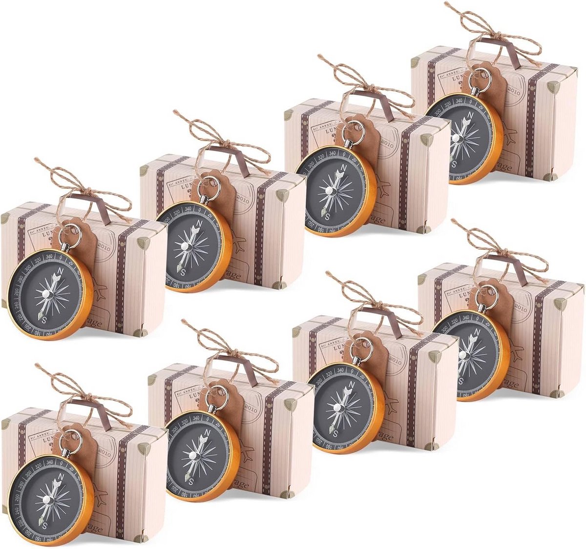 Mini Koffer Geschenkdoos Set voor Bruiloft en Feestjes – 20 Stuks Met Kompas en Jute Koord