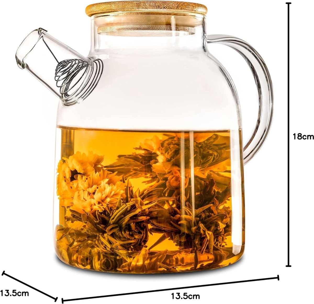 Theepot glas 1,5 liter met deksel gemaakt van bamboe - Filter in de tuit - Voor warme en koude dranken - Vaatwasmachinebestendig