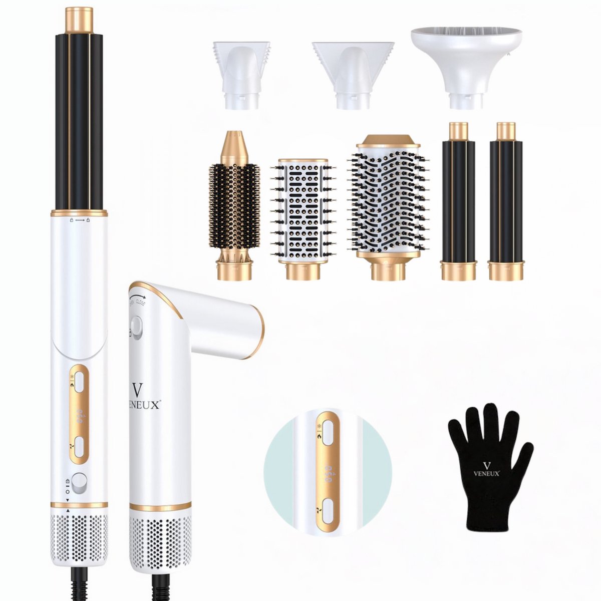 VENEUX® 8 in 1 Föhnborstel - Airstyler - Krulborstel - Multistyler - Diffuser Föhn - Wit / Goud