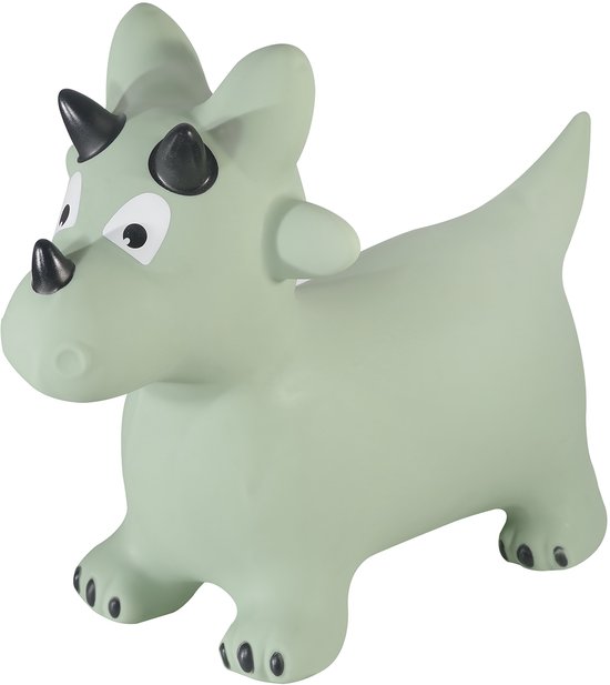 Lichtgroen skippydier in dinosaurusvorm met zwarte hoorns en witte ogen.