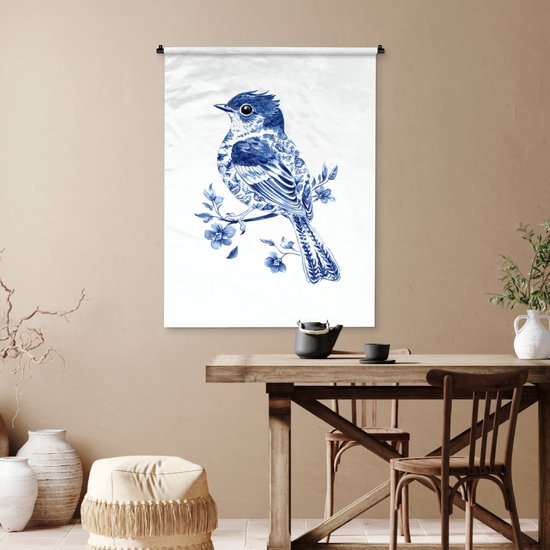 Wandkleed 90x120 cm - Wanddoek Vogel - Delfts blauw - Illustratie - Bloemen - Wandtapijt - Wandkleden