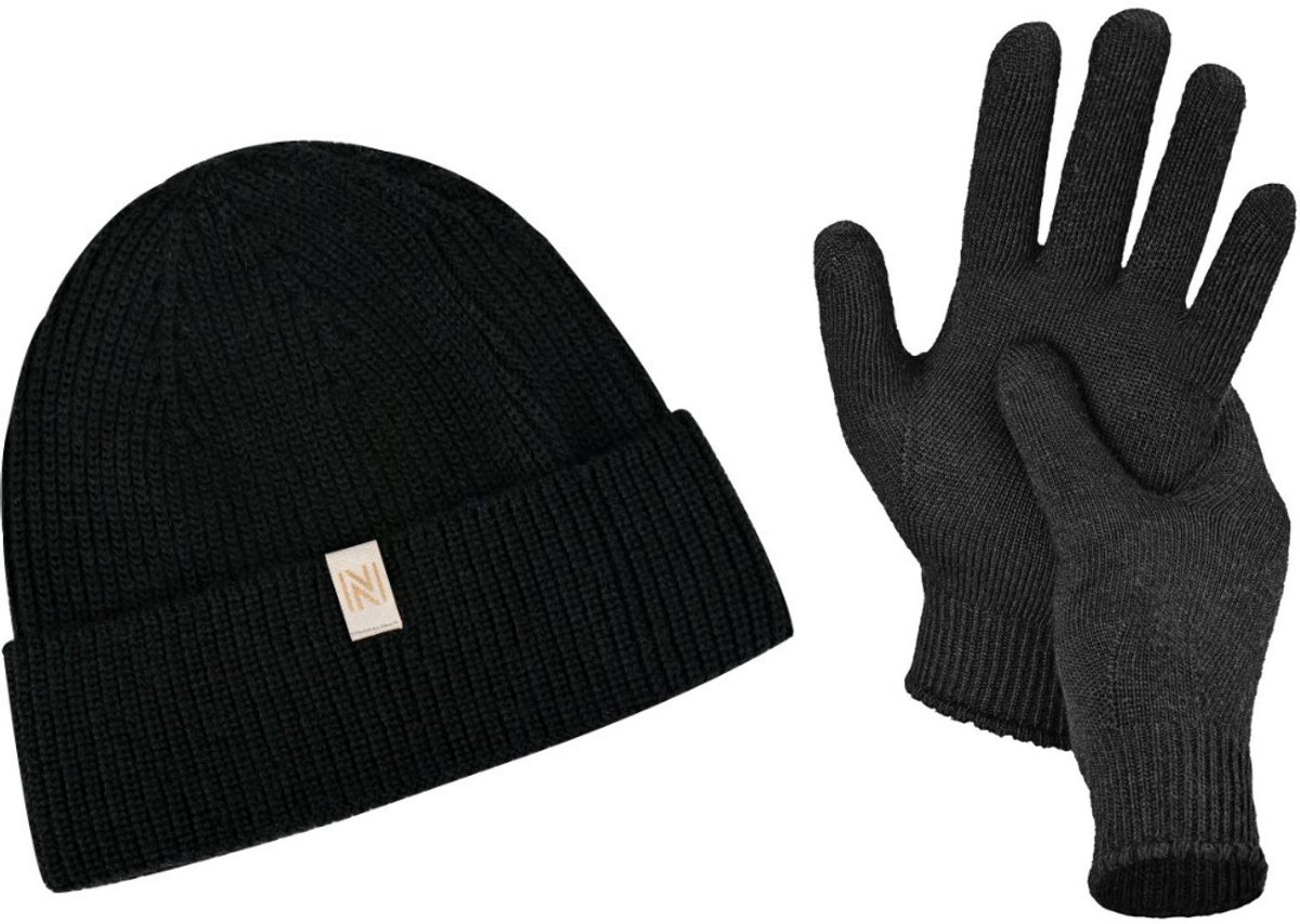 Norfolk - 70% Merino wol Muts en Handschoenen Set - Premium Gebreide - Wintersport Muts - Warme Mutsen - Wintermuts - Cadeauset - Zwart - S/M - Norwick+Bibury