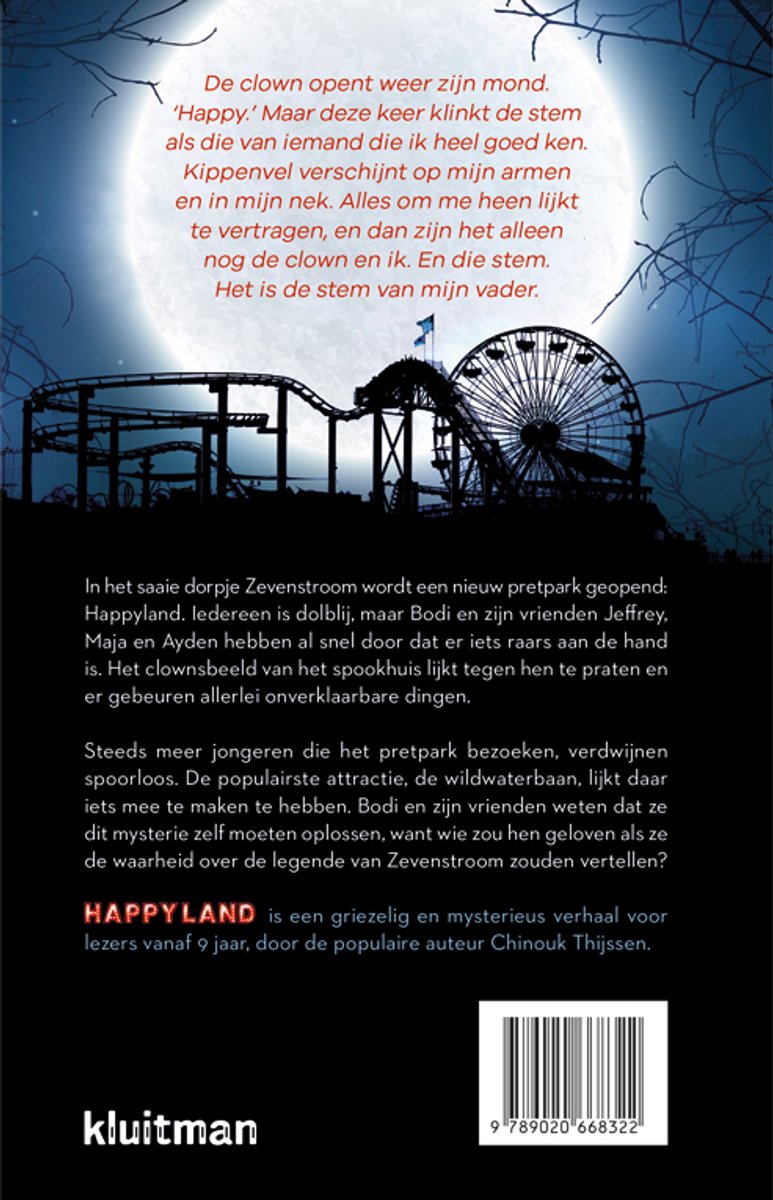 De achterkant van het boek toont een spookslot met een reuzenrad en achtbaan onder een volle maan, met tekst over het verhaal.