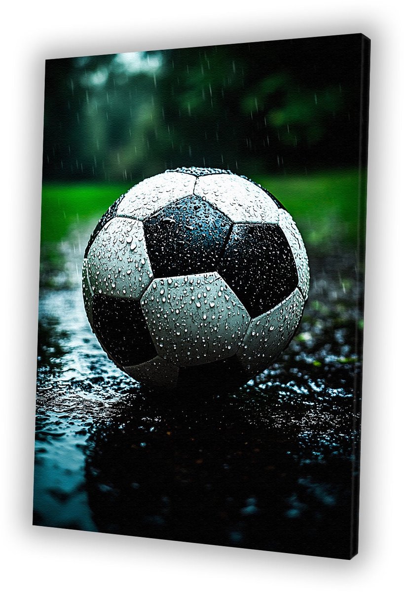 Voetbal in regenachtig grasland - Voetbal canvas schilderijen - Muurdecoratie canvas bal - Hyperrealisme - Klassieke schilderijen - Schilderijen - canvas 30x45 cm