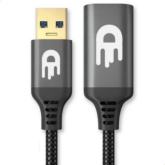 Câble d'extension USB 3.0 noir avec connecteur mâle doré et extrémité femelle grise avec logo.