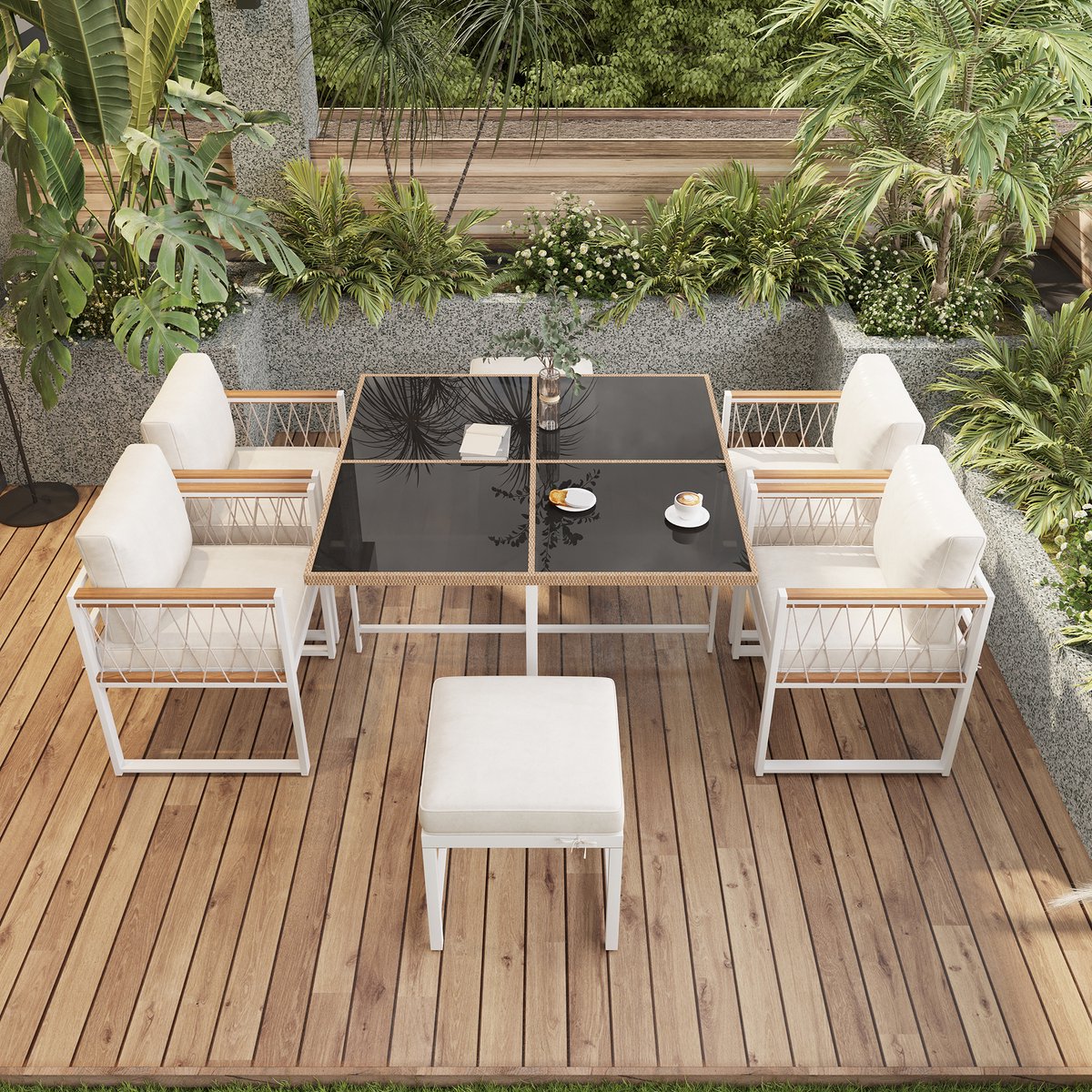 6-delige eettafel en stoel voor buiten voor 5 personen - tafel van gehard glas met PE-rattan verpakking