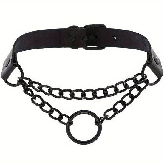 Zwarte PU-leren choker met twee parallelle kettingen en een grote zwarte ring in het midden.