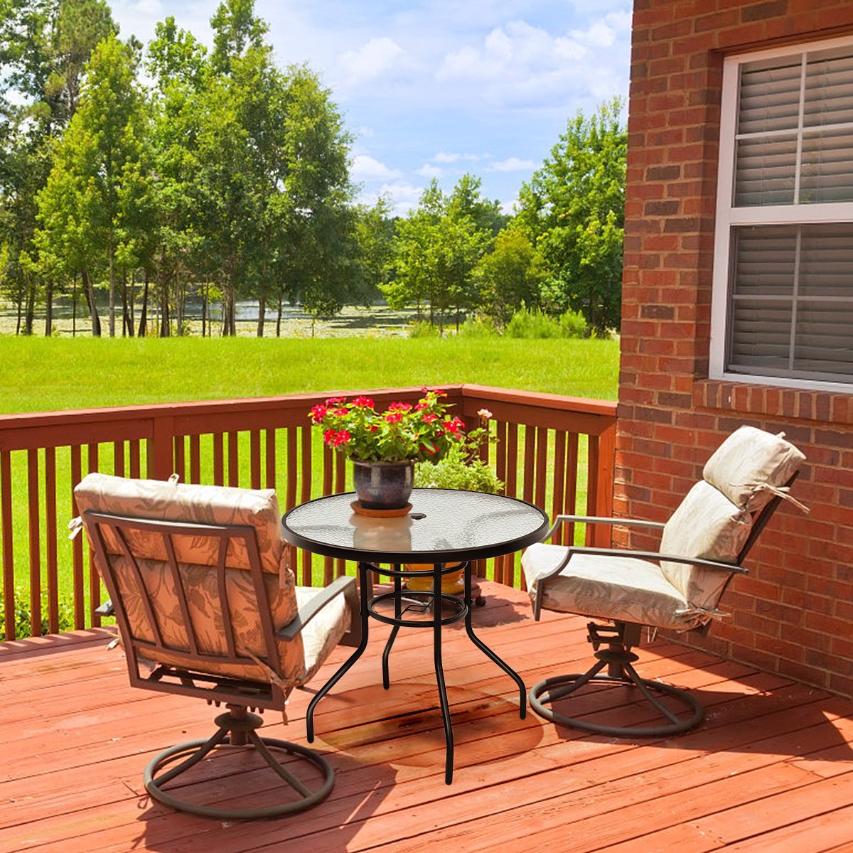 COSTWAY Tuintafel met parasolgat, 80 x 80 x 71 cm, terrastafel met tafelblad van gehard glas en metalen frame, ronde balkontafel, outdoor-eettafel voor terras, tuin, balkon thumbnail 2