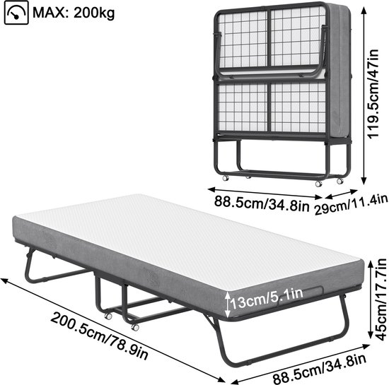 Logeerbed opvouwbaar met 13 cm dikke traagschuimmatras opvouwbaar bed reisbed opvouwbaar met stalen frame en 4 vergrendelbare wielen zwart opklapbed metalen bed tot 200 kg - 200x90cm van Merkloos — afbeelding 2