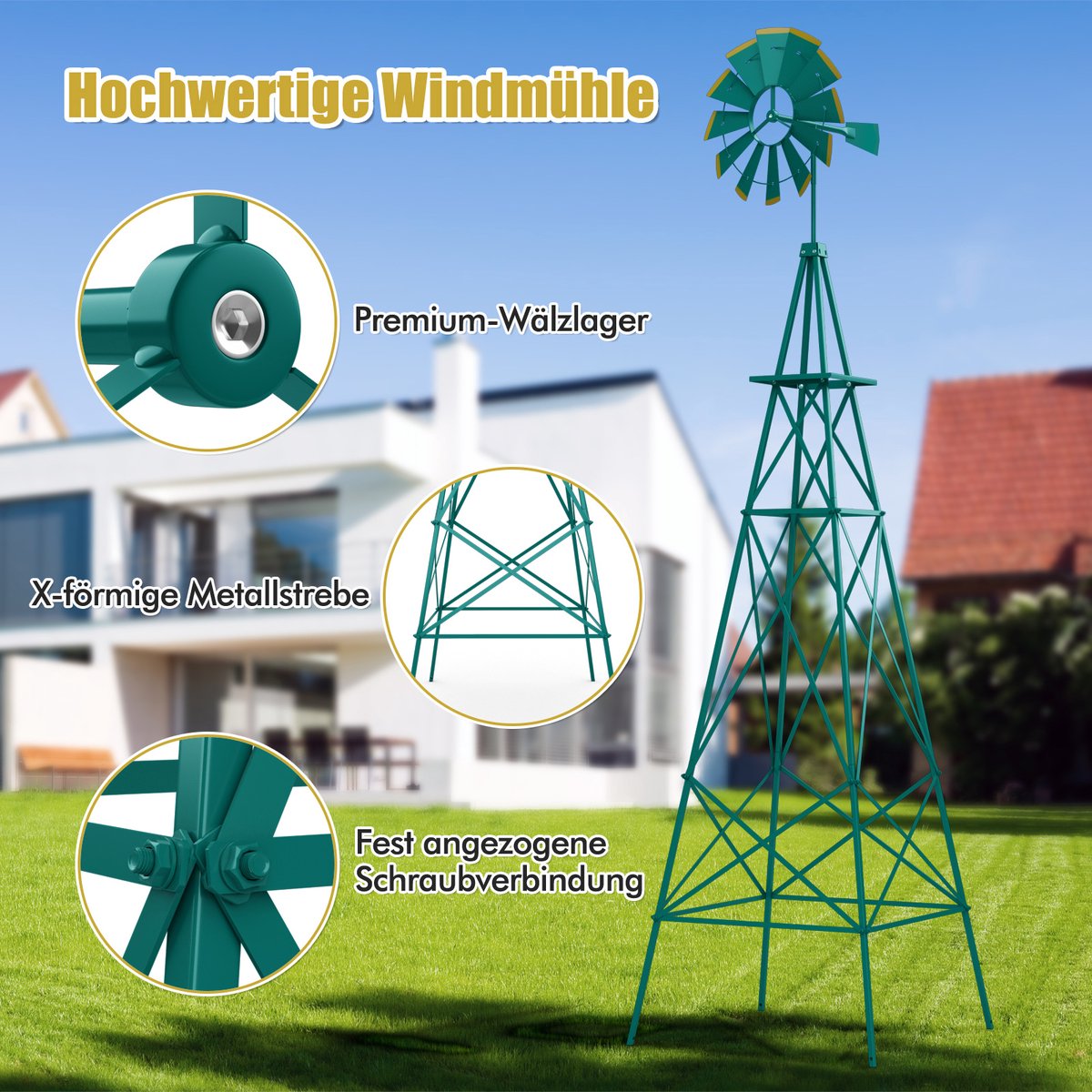 COSTWAY Gigantische windmolen voor de tuin, 253 cm, decoratieve metalen windmolen voor alle weersomstandigheden, met 4 steunpoten, decoratieve kogellagermolen voor tuin, boerderij (grijs