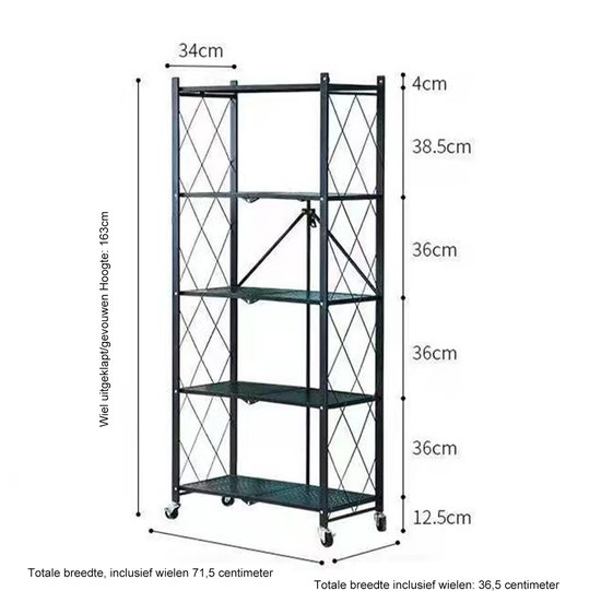 Étagère pliante FOXSPORT - Lot de 2 - Étagère avec roulettes 360 ° - 5 niveaux 72 x 37 x 163 cm - Étagère ouverte - Meuble mural - Rangement de Cuisine - Bibliothèque - Support de rangement pour micro-ondes - Acier inoxydable - Set de 2